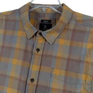 Prana Mens Large Slim Fit Plaid Short Sleeve Button Up Shirt Organic Cotton